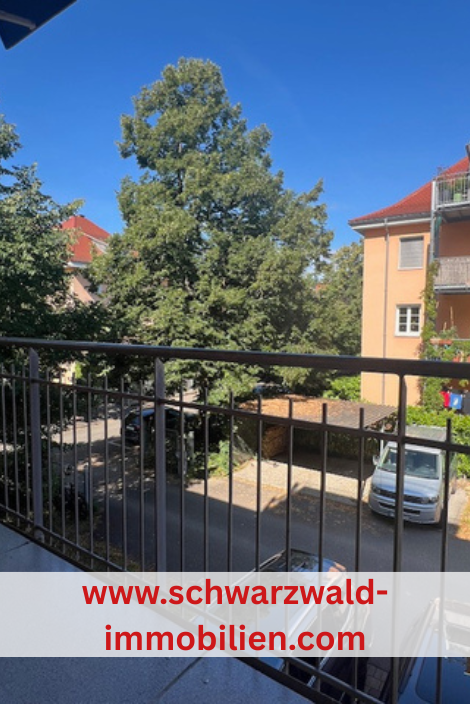Blick von Balkon in Hof. Auto vor Garage.